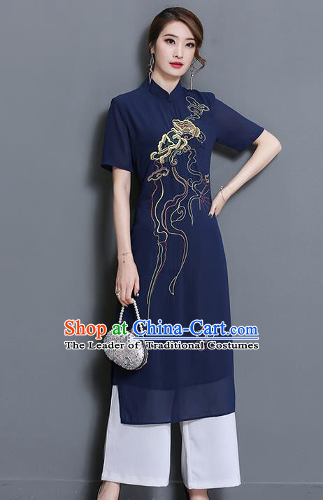 Traditional Ancient Chinese National Costume, Elegant Hanfu Mandarin Qipao Embroidered Navy Dress and White Loose Pants Complete Set, China Tang Suit Cheongsam Upper Outer Garment Elegant Dress Clothing for Women