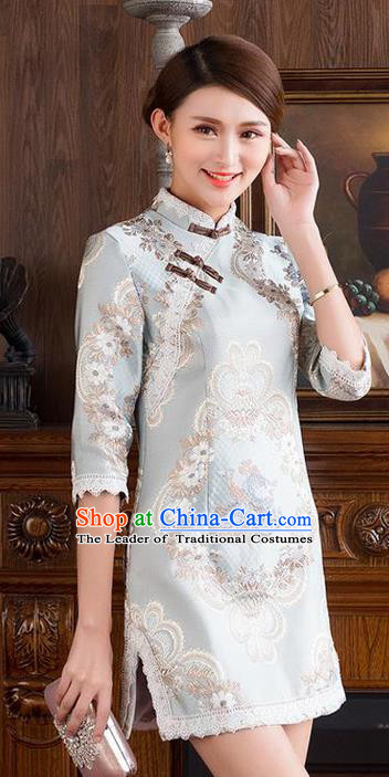 Traditional Ancient Chinese National Costume, Elegant Hanfu Mandarin Qipao Embroidery Stand Collar Dress, China Tang Suit Slant Opening Cheongsam Upper Outer Garment Elegant Dress Clothing for Women