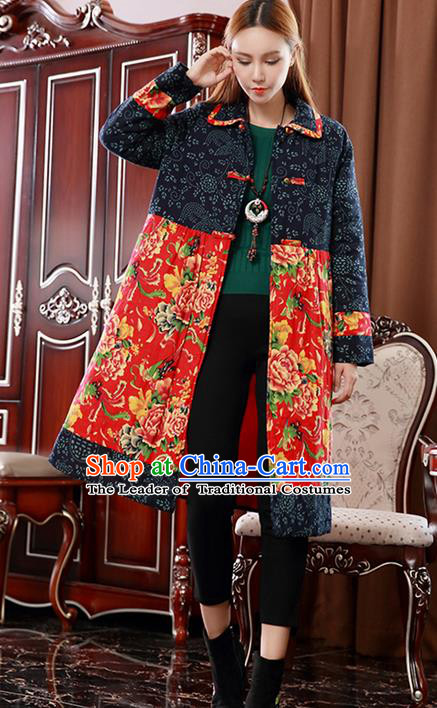 Traditional Ancient Chinese National Costume, Elegant Hanfu Turn-down Collar Red Cotton Wadded Coat, China Tang Suit Plated Buttons Cape, Upper Outer Garment Dust Coat Clothing for Women