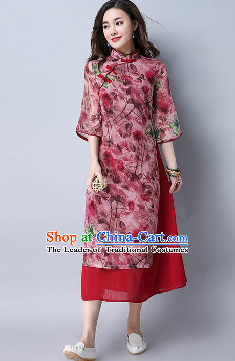 Traditional Ancient Chinese National Costume, Elegant Hanfu Mandarin Qipao Stand Collar Printing Red Dress, China Tang Suit Improved Cheongsam Upper Outer Garment Elegant Dress Clothing for Women