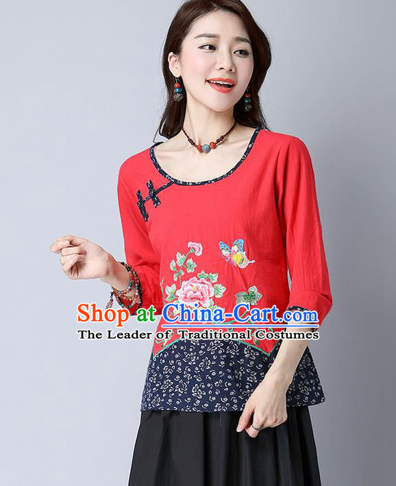 Traditional Chinese National Costume, Elegant Hanfu Embroidery Flowers Round Collar Red T-Shirt, China Tang Suit Plated Buttons Chirpaur Blouse Cheong-sam Upper Outer Garment Qipao Shirts Clothing for Women