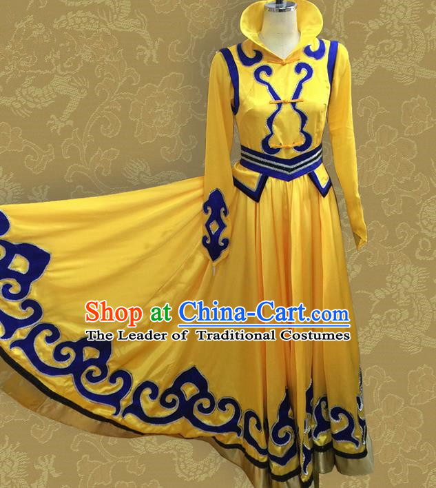 Traditional Chinese Mongol Nationality Dancing Costume, Mongols Female Folk Dance Ethnic Pleated Skirt, Chinese Mongolian Minority Nationality Embroidery Costume for Women