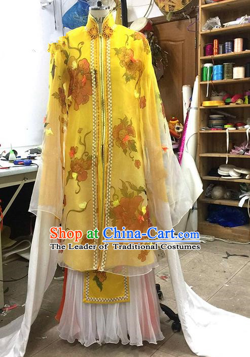 Traditional Chinese Ancient Peking Opera Diva Water Sleeve Dancing Yellow Costume, Classical Folk Dance Costume Drum Dance Clothing for Women