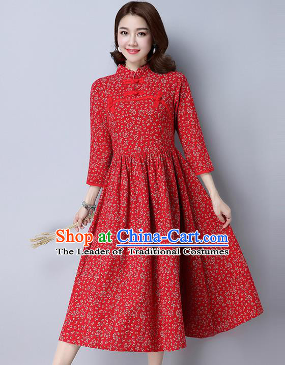 Traditional Ancient Chinese National Costume, Elegant Hanfu Floral Qipao Linen Stand Collar Red Dress, China Tang Suit Cheongsam Upper Outer Garment Elegant Dress Clothing for Women