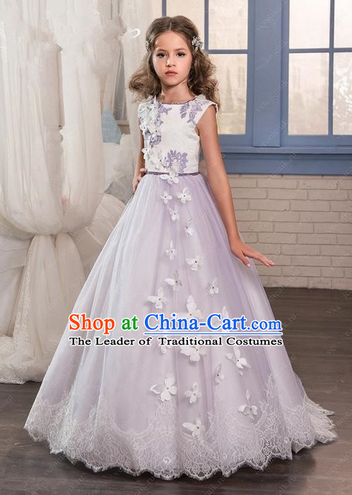 Traditional Chinese Modern Dancing Compere Performance Costume, Children Opening Classic Chorus Singing Group Dance Long Butterfly Veil Evening Dress, Modern Dance Classic Dance Bubble Dress for Girls Kids