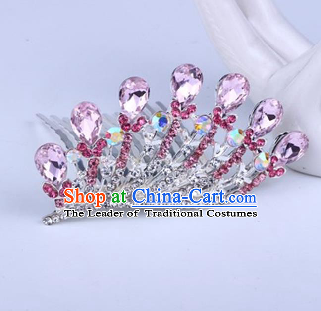 Top Grade Handmade Chinese Classical Hair Accessories, Children Baroque Style Headband Princess Royal Crown Pink Rhinestone Coronet, Hair Sticks Hair Jewellery, Hair Clasp for Kids Girls