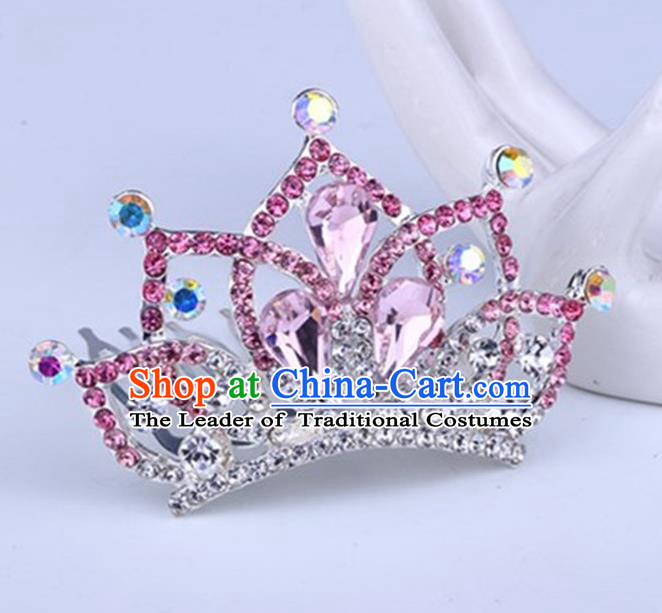 Top Grade Handmade Chinese Classical Hair Accessories, Children Baroque Style Headband Princess Royal Crown Pink Rhinestone Imperial Crown, Hair Sticks Hair Jewellery, Hair Clasp for Kids Girls