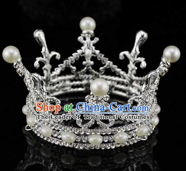 Top Grade Handmade Chinese Classical Hair Accessories, Children Baroque Style Headband Princess Royal Crown Pearl Rhinestone Round Imperial Crown, Hair Sticks Hair Jewellery, Hair Clasp for Kids Girls