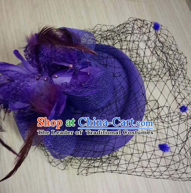 Top Grade Handmade Chinese Classical Hair Accessories, Children Baroque Style Headband Princess Purple Veil Top-hat, Hair Sticks Headwear Hats for Kids Girls