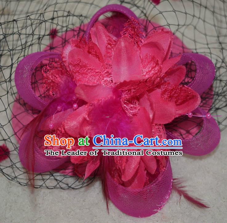 Top Grade Handmade Chinese Classical Hair Accessories, Children Baroque Style Headband Princess Pink Veil Top-hat, Hair Sticks Headwear Hats for Kids Girls