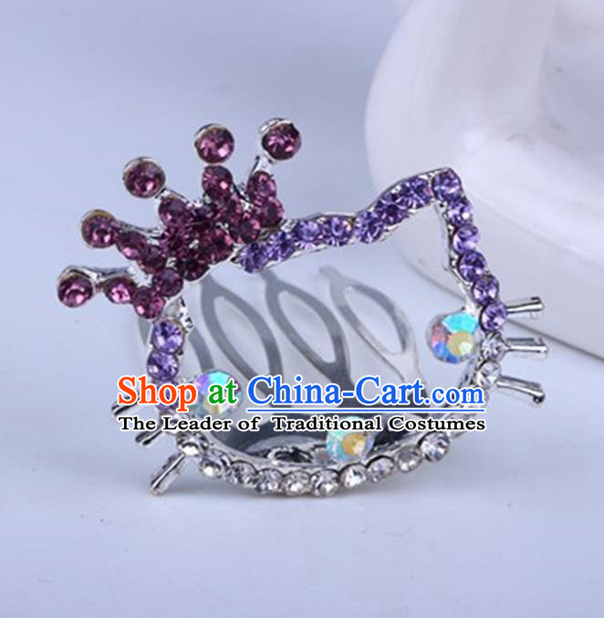 Top Grade Handmade Chinese Classical Hair Accessories, Children Baroque Style Headband Princess Purple Rhinestone Royal Crown, Hair Sticks Hair Jewellery, Cartoon Hair Clasp for Kids Girls