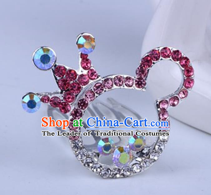 Top Grade Handmade Chinese Classical Hair Accessories, Children Baroque Style Headband Princess Pink Rhinestone Cute Royal Crown, Hair Sticks Hair Jewellery, Cartoon Hair Clasp for Kids Girls