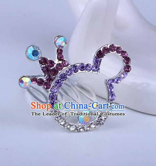 Top Grade Handmade Chinese Classical Hair Accessories, Children Baroque Style Headband Princess Purple Rhinestone Cute Royal Crown, Hair Sticks Hair Jewellery, Cartoon Hair Clasp for Kids Girls