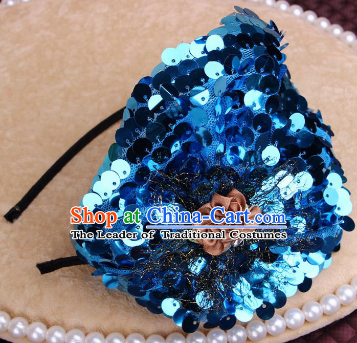 Top Grade Handmade Chinese Classical Hair Accessories, Children Baroque Style Headband Princess Blue Paillette Hair Clasp, Hair Sticks Hair Jewellery for Kids Girls