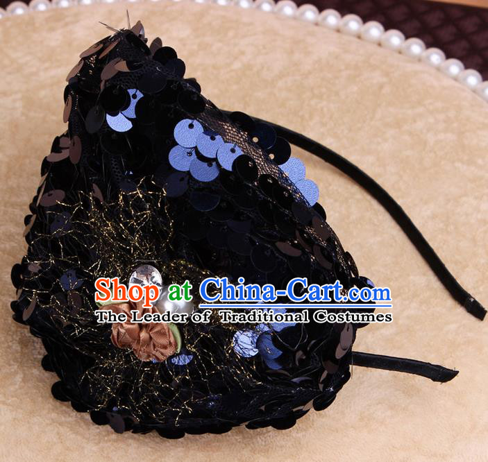 Top Grade Handmade Chinese Classical Hair Accessories, Children Baroque Style Headband Princess Black Paillette Hair Clasp, Hair Sticks Hair Jewellery for Kids Girls