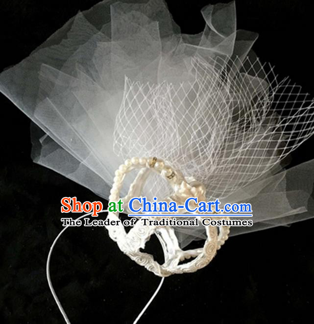 Top Grade Handmade Chinese Classical Hair Accessories, Children Baroque Style Headband Princess Rhinestone Royal Crown, Hair Sticks Hair Jewellery, White Veil Hair Clasp for Kids Girls