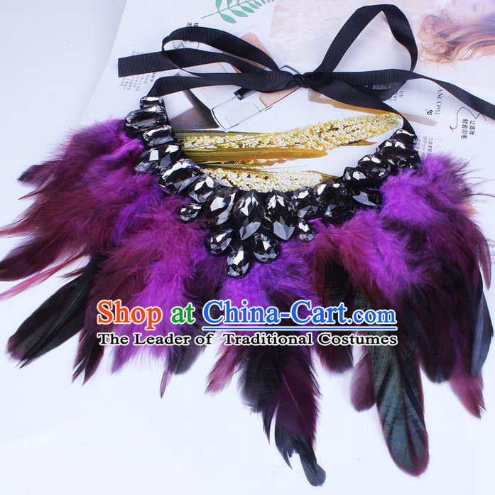 Top Grade Handmade Chinese Classical Accessories, Children Baroque Style Necklace, Full Dress Purple Feather Torques Collar for Kids Girls