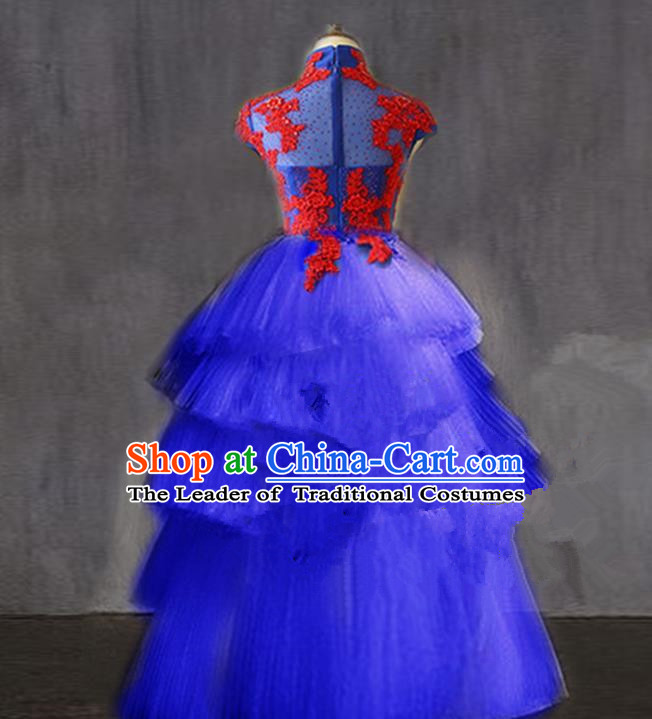 Traditional Chinese Modern Dancing Compere Performance Costume, Children Opening Classic Chorus Singing Group Dance Princess Long Trailing Full Dress, Modern Dance Halloween Party Dress for Girls Kids