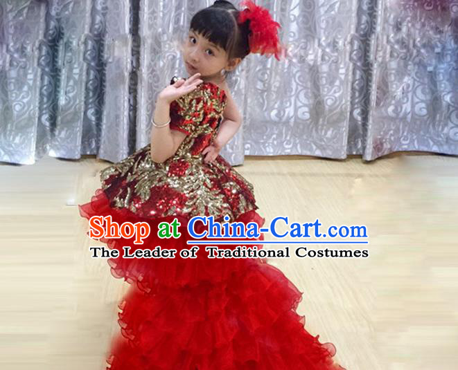 Traditional Chinese Modern Dancing Compere Performance Costume, Children Opening Classic Chorus Singing Group Dance Red Paillette Princess Full Dress, Modern Dance Classic Dance Trailing Dress for Girls Kids