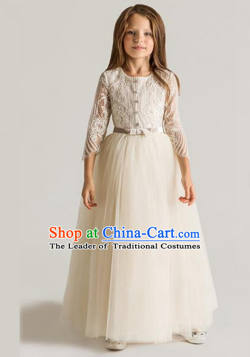 Traditional Chinese Modern Dancing Compere Performance Costume, Children Opening Classic Chorus Singing Group Dance Princess White Lace Full Dress, Modern Dance Classic Dance Dress for Girls Kids