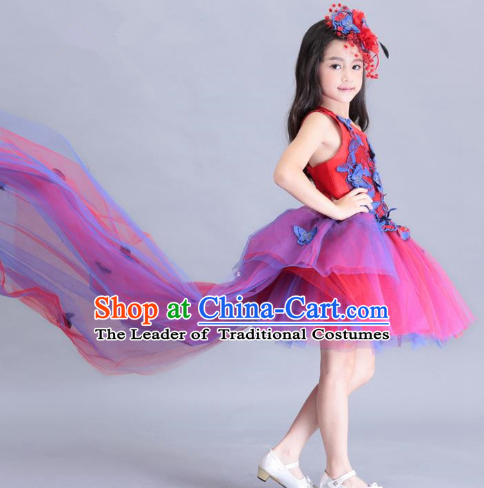 Top Grade Chinese Compere Performance Costume, Children Chorus Singing Group Embroidery Butterfly Red Full Dress Modern Dance Trailing Dress for Girls Kids