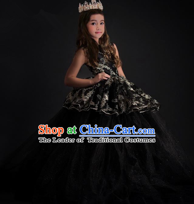 Top Grade Chinese Compere Performance Costume, Children Chorus Singing Group Black Long Full Dress Modern Dance Flowers Big Swing Trailing Dress for Girls Kids