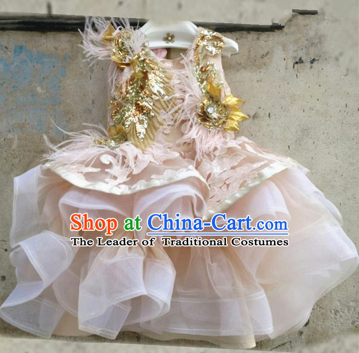 Top Grade Chinese Compere Performance Costume, Children Chorus Singing Group Champagne Ostrich Hair Full Dress Modern Dance Leopard Bubble Short Dress for Girls Kids