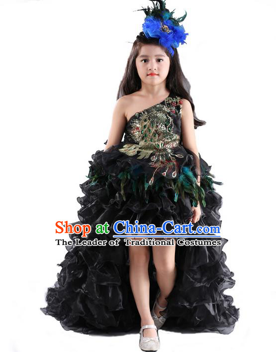 Top Grade Chinese Compere Catwalks Performance Costume, Children Chorus Singing Group Baby Princess Embroidery Feathers Full Dress Modern Dance Trailing Dress for Girls Kids