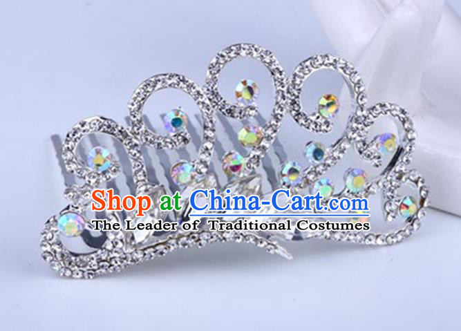 Top Grade Handmade Classical Peacock Hair Accessories, Children Baroque Style Crystal Hairpins Rhinestone Princess White Royal Crown Hair Jewellery Hair Clasp for Kids Girls