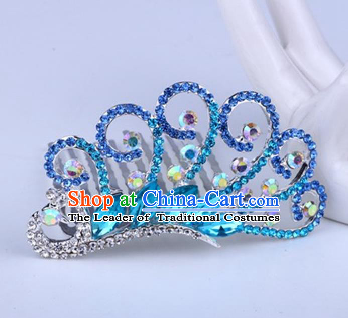 Top Grade Handmade Classical Peacock Hair Accessories, Children Baroque Style Crystal Hairpins Rhinestone Princess Blue Royal Crown Hair Jewellery Hair Clasp for Kids Girls