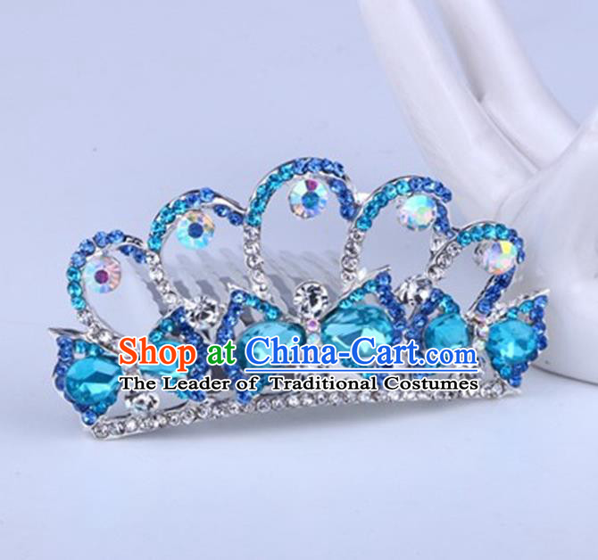 Top Grade Handmade Classical Swan Hair Accessories, Children Baroque Style Crystal Hairpins Rhinestone Princess Blue Royal Crown Hair Jewellery Hair Clasp for Kids Girls