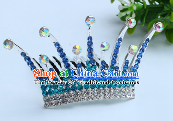 Top Grade Handmade Classical Hair Accessories Hair Comb, Children Baroque Style Crystal Hairpins Rhinestone Princess Blue Royal Crown Hair Jewellery Hair Clasp for Kids Girls