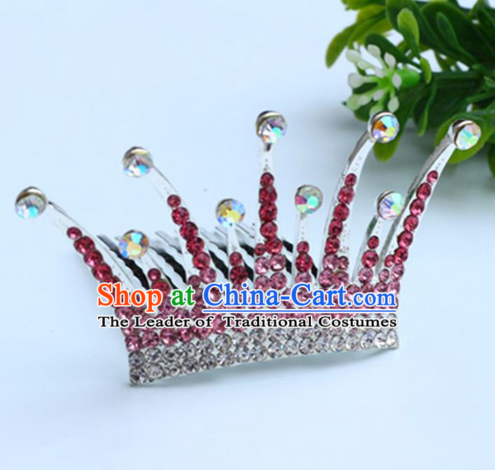 Top Grade Handmade Classical Hair Accessories Hair Comb, Children Baroque Style Crystal Hairpins Rhinestone Princess Pink Royal Crown Hair Jewellery Hair Clasp for Kids Girls