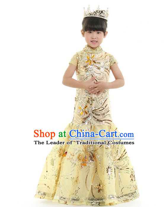 Top Grade Chinese Compere Performance Catwalks Costume, Children Chorus Singing Group Baby Princess Full Dress Modern Dance Mermaid Long Dress for Girls Kids