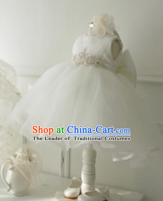 Top Grade Professional Compere Performance Catwalks Costume, Children Chorus Singing Group Little Princess White Veil Full Dress Modern Dance Short Bubble Dress for Girls Kids