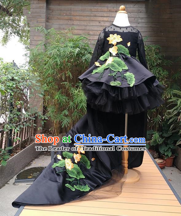 Top Grade Professional Compere Performance Catwalks Costume, Children Chorus Singing Group Black Embroidery Lotus Full Dress Modern Dance Trailing Dress for Girls Kids