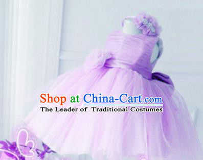 Top Grade Professional Compere Performance Catwalks Costume, Children Chorus Singing Group Little Princess Purple Wedding Veil Full Dress Modern Dance Bubble Dress for Girls Kids