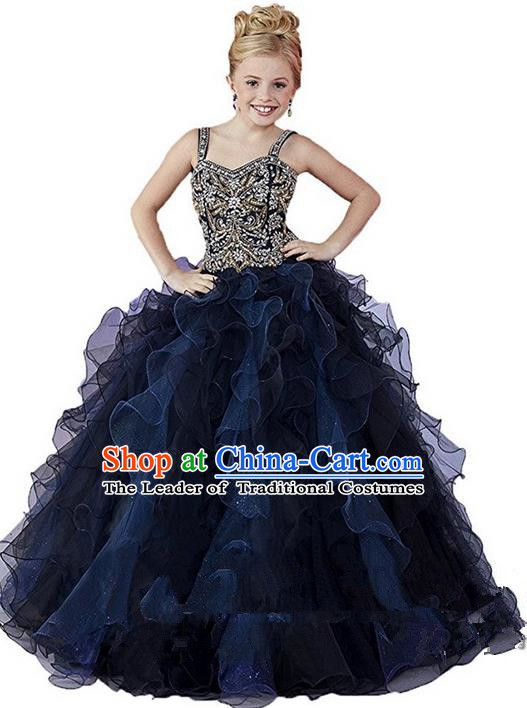 Top Grade Chinese Compere Performance Catwalks Costume, Children Chorus Singing Group Baby Princess Black Full Dress Modern Dance Bubble Long Dress for Girls Kids