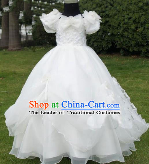 Top Grade Professional Compere Performance Catwalks Piano Recital Costume, Children Chorus Singing Group Little Princess White Veil Full Dress Modern Dance Trailing Dress for Girls Kids