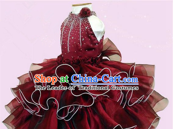 Top Grade Professional Compere Performance Catwalks Costume, Children Chorus Singing Group Little Princess Crystal Full Dress Modern Dance Red Bubble Dress for Girls Kids