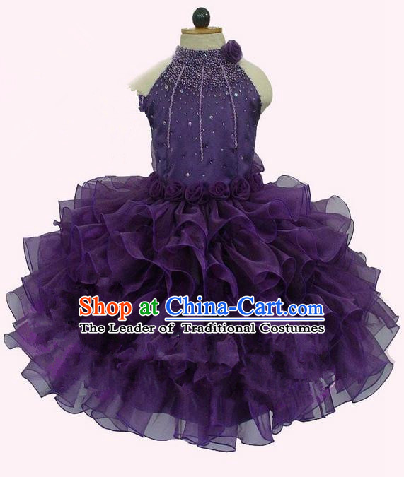 Top Grade Professional Compere Performance Catwalks Costume, Children Chorus Singing Group Little Princess Crystal Full Dress Modern Dance Deep Purple Bubble Dress for Girls Kids