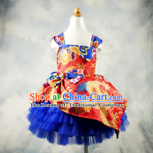 Top Grade Professional Compere Performance China Style Catwalks Costume, Children Chorus Singing Group Dragon Full Dress Modern Dance Bubble Dress for Girls Kids