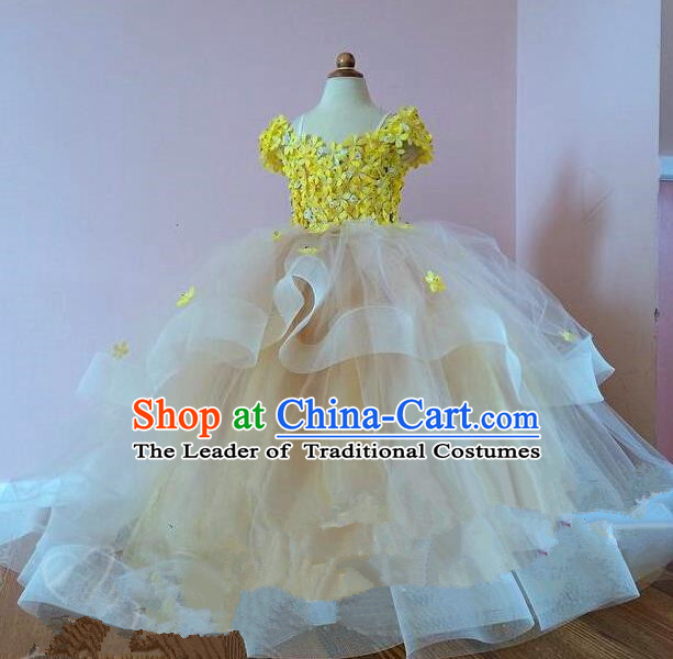 Top Grade Professional Compere Performance Catwalks Costume, Children Chorus Singing Group Baby Princess Flowers Yellow Full Dress Modern Dance Trailing Bubble Dress for Girls Kids