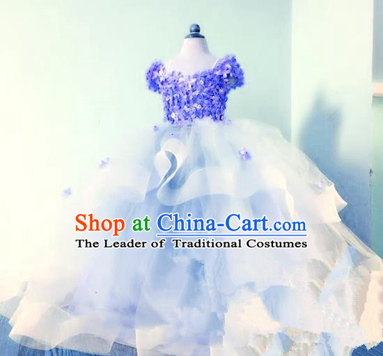 Top Grade Professional Compere Performance Catwalks Costume, Children Chorus Singing Group Baby Princess Flowers Blue Full Dress Modern Dance Trailing Bubble Dress for Girls Kids