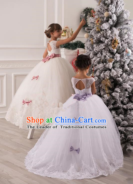 Top Grade Chinese Compere Professional Performance Catwalks Costume, Children Chorus Singing Group Bowknot Bubble Full Dress Modern Dance White Long Trailing Dress for Girls Kids