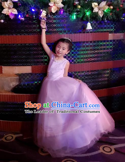 Top Grade Chinese Compere Professional Performance Catwalks Costume, Children Chorus Singing Group Bowknot Bubble Full Dress Modern Dance Purple Long Dress for Girls Kids