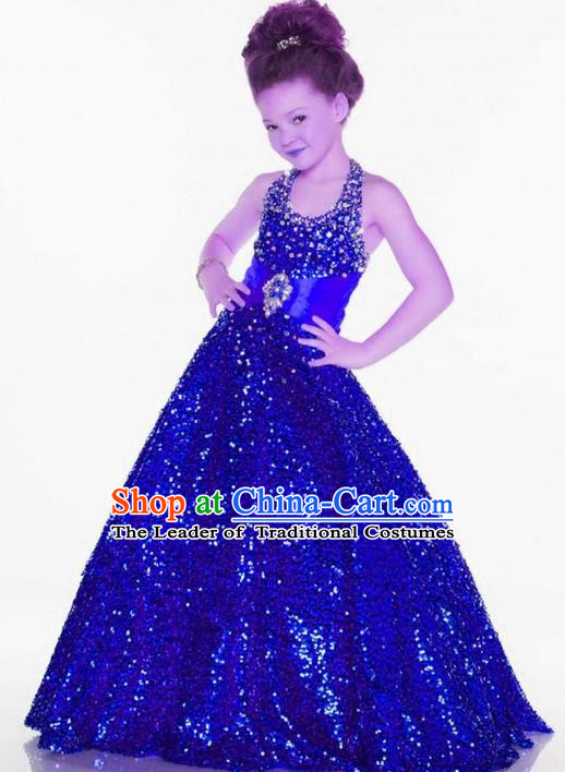 Top Grade Chinese Compere Professional Performance Catwalks Costume, Children Chorus Singing Group Blue Paillette Bubble Full Dress Modern Dance Little Princess Long Trailing Dress for Girls Kids