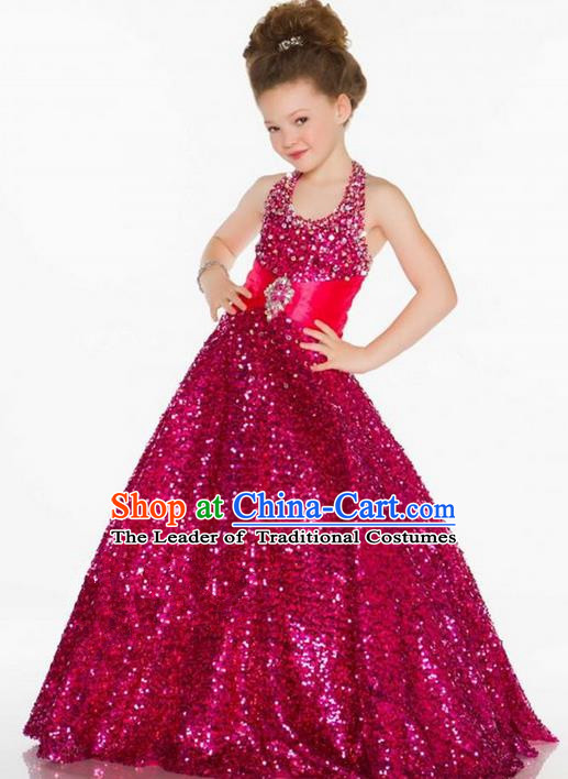 Top Grade Chinese Compere Professional Performance Catwalks Costume, Children Chorus Singing Group Rose Paillette Bubble Full Dress Modern Dance Little Princess Long Trailing Dress for Girls Kids