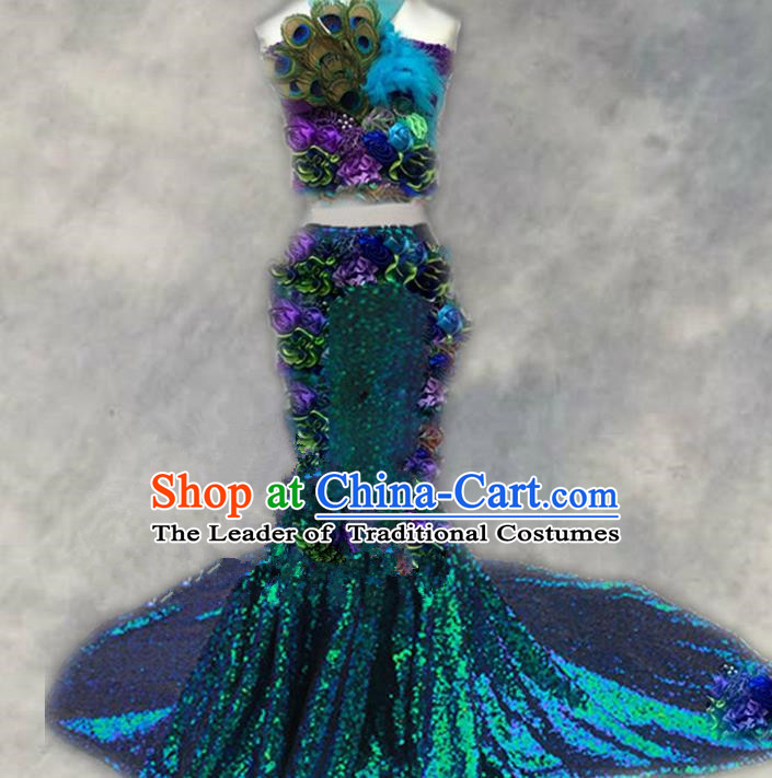 Top Grade Chinese Compere Professional Performance Catwalks Costume, Children Chorus Singing Group Paillette Mermaid Full Dress Modern Pavane Dance Little Princess Long Trailing Dress for Girls Kids