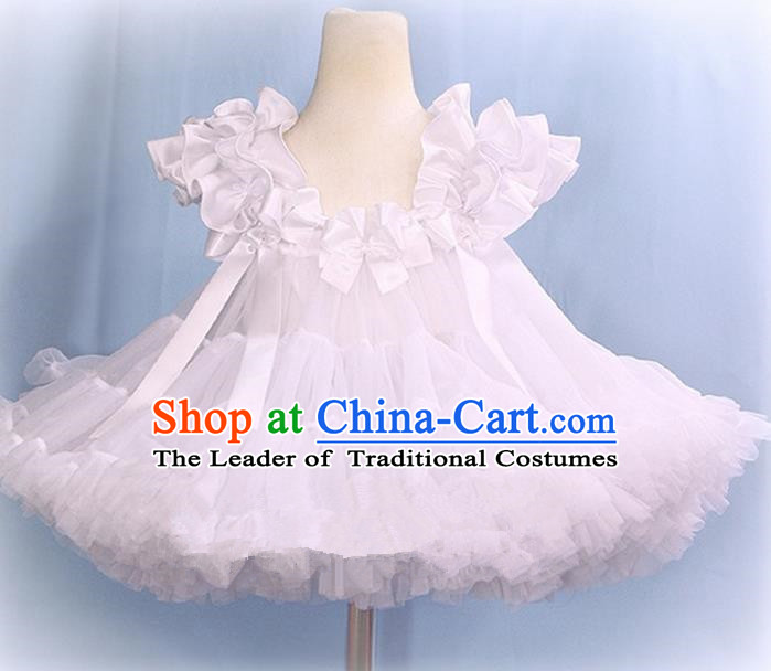 Top Grade Chinese Compere Professional Performance Catwalks Costume, Children Chorus White Bubble Formal Dress Modern Dance Baby Princess Veil Short Dress for Girls Kids